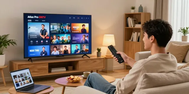 Utilisant Atlas pro ontv sur un téléviseur intelligent dans un salon confortable, un homme souriant navigue sur l'interface intuitive.