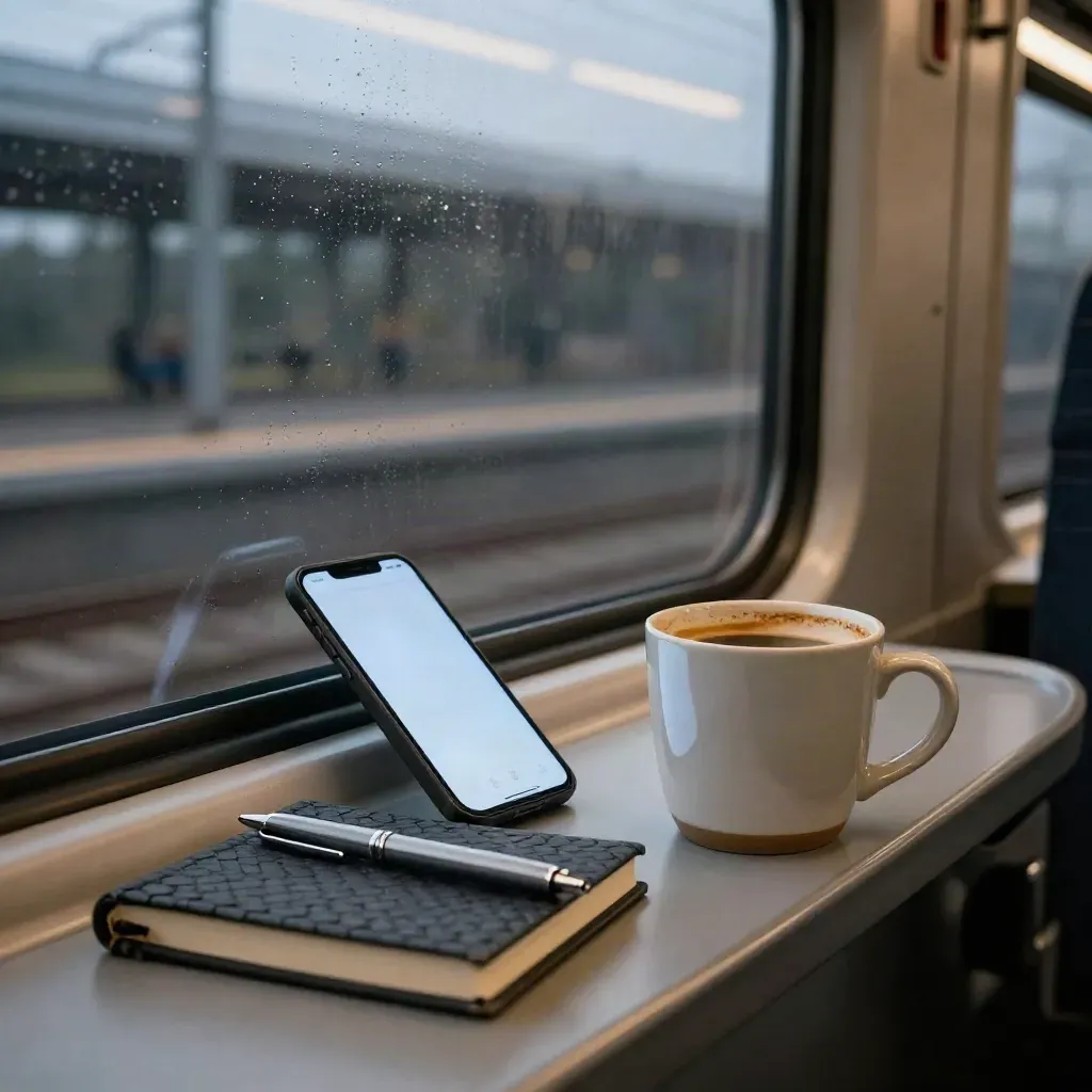 Téléphone allumé, carnet fermé, stylo métal et mug sur une tablette de train embrumée.