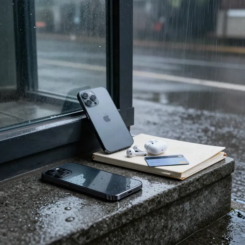 Smartphone et accessoires sur une terrasse mouillée après l’orage, lumière cinématographique.