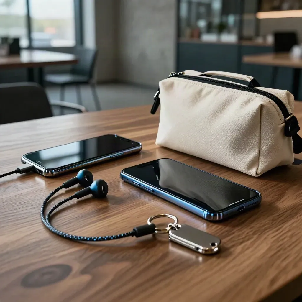 Ensemble de smartphones, écouteurs, câble et sac repas sur une table de travail.