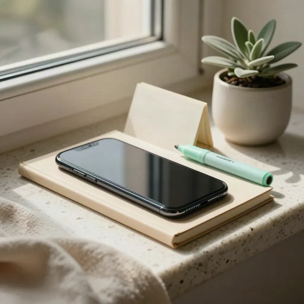 Smartphone, carnet fermé, cartes pliées, surligneur et petite plante sur un rebord en travertin.