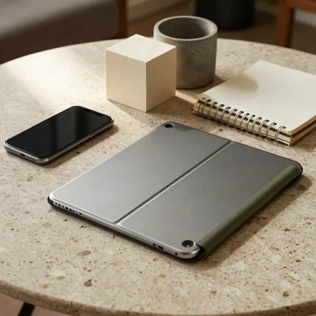 Vue du dessus d’une tablette, d’un téléphone et de papier sur une table de salon.