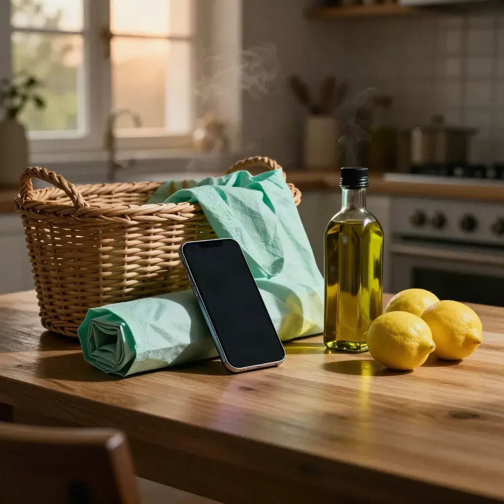 Téléphone près de courses et citrons sur une table de cuisine, lumière chaude du soir.