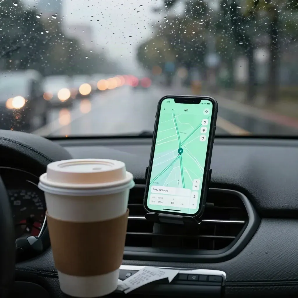 Téléphone en support, café et pluie, navigation urbaine en voiture de nuit.