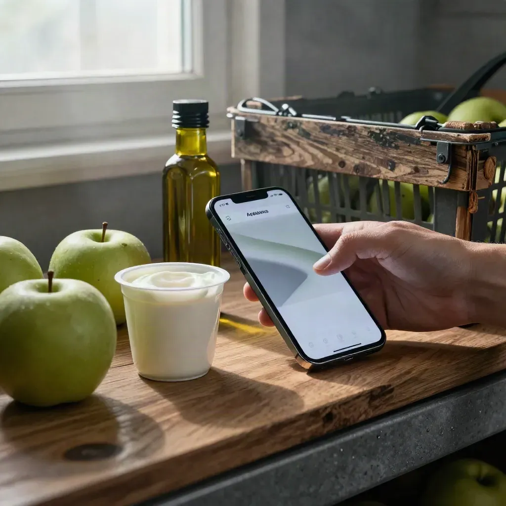 Un smartphone à côté d’un yaourt, d’huile d’olive et de pommes dans une allée de supermarché.