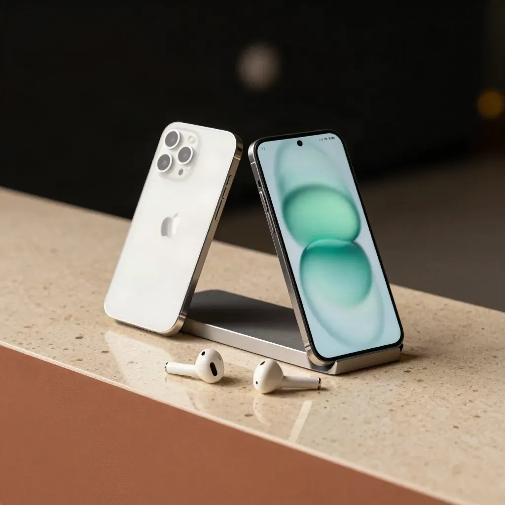 Deux smartphones et des écouteurs sur un support de charge, lumière cinématographique.