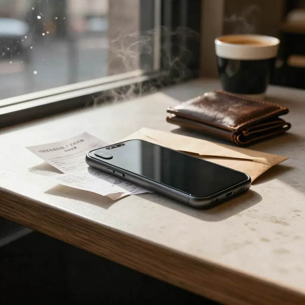 Téléphone, reçus froissés, enveloppe kraft et porte-monnaie sur un comptoir de café pluvieux.