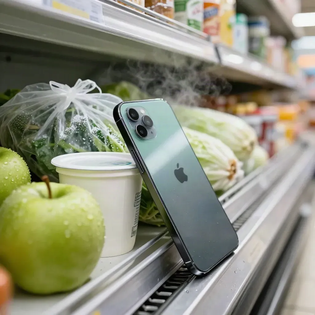 Téléphone près d’une pomme, d’un yaourt et de légumes frais dans un rayon réfrigéré.