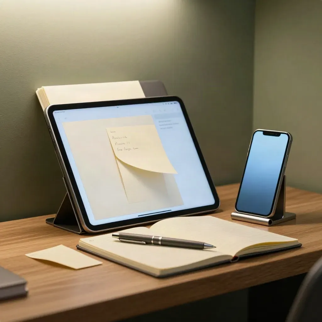Tablette, téléphone, carnet et cartes pliées sur une étagère de bureau, dans une lumière crépusculaire.