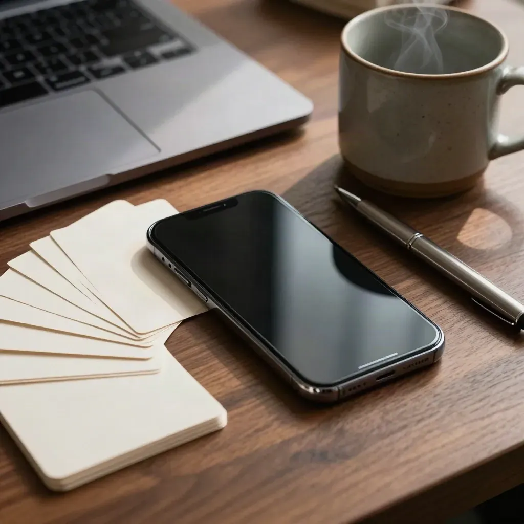 Smartphone, cartes blanches, mug et stylo sur un bureau sombre, lumière de lampe.