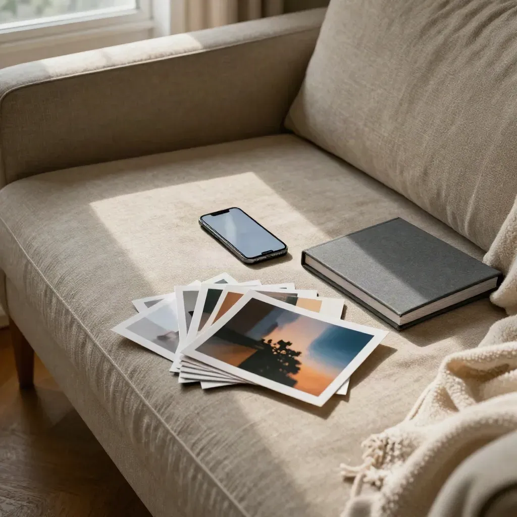 Canapé lumineux avec smartphone, tirages photo flous, album fermé et chiffon doux.