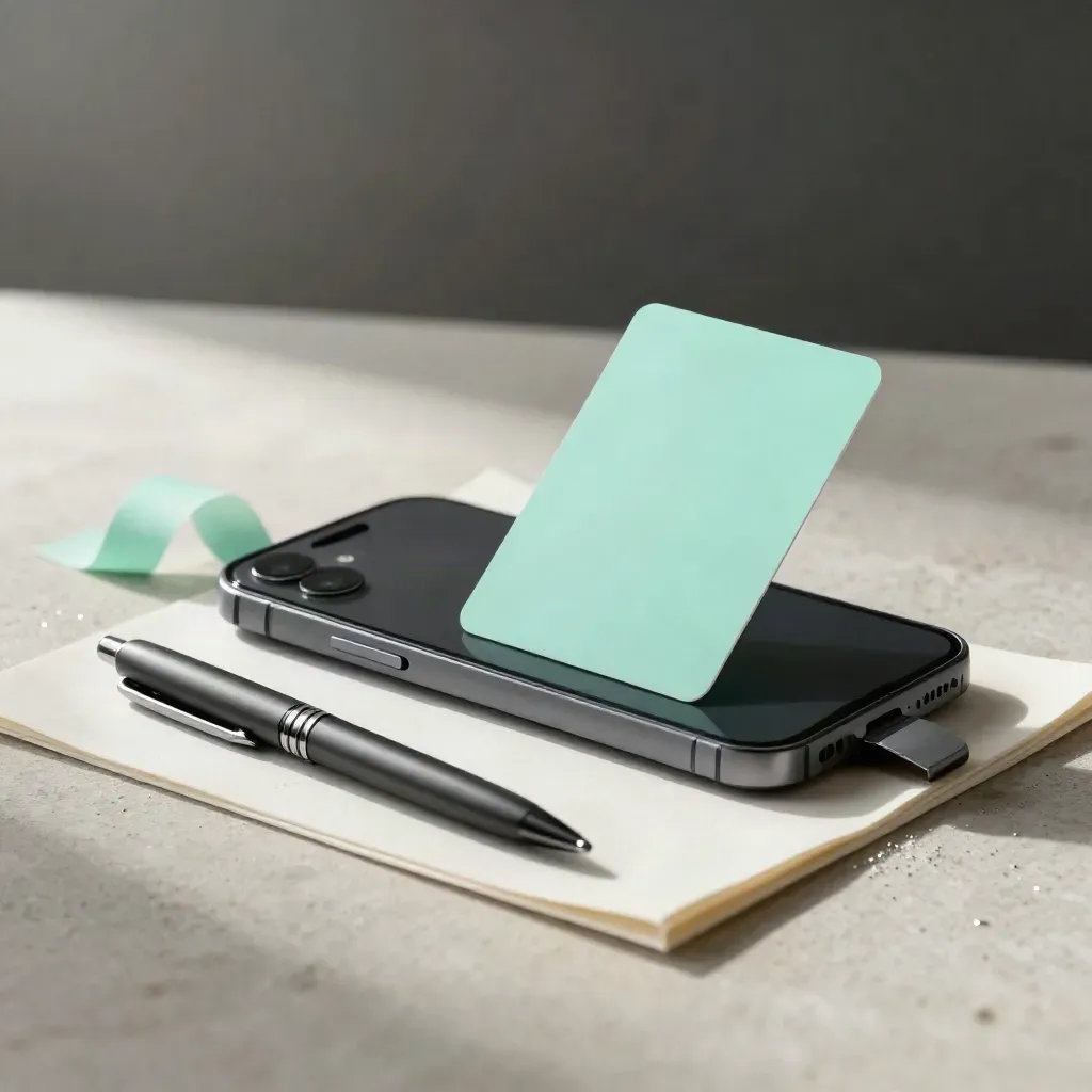 Smartphone, ruban menthe et carré de tissu sur une table claire, en scène dynamique.