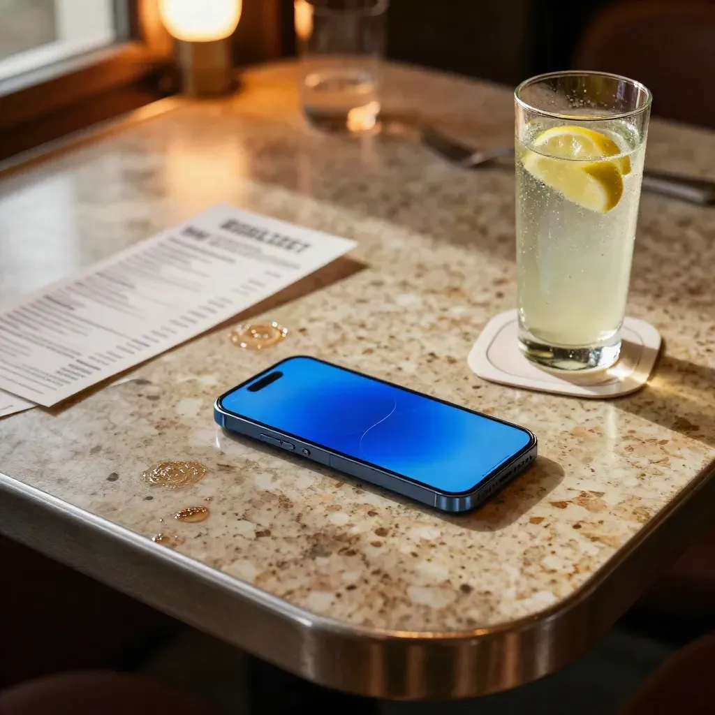 Vue du dessus d’un téléphone, d’une addition floue, de deux sous-verres et d’une citronnade au restaurant.
