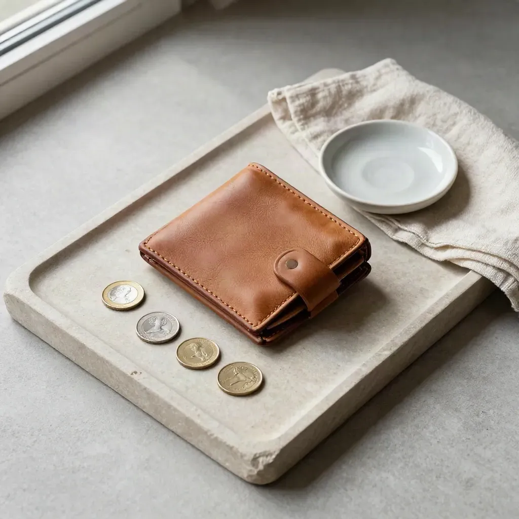 Portefeuille en cuir, pièces, soucoupe et tissu plié sur plateau de pierre, vue du dessus.