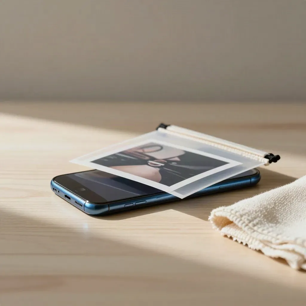 Smartphone, pochette de photos, tirage flou et chiffon microfibre sur bois clair.