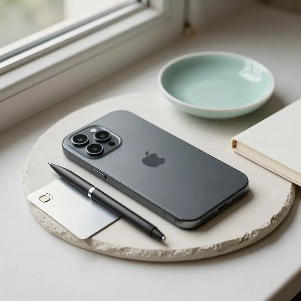 Smartphone, mini carte bancaire, stylo et carnet fermé sur fond clair, lumière douce.