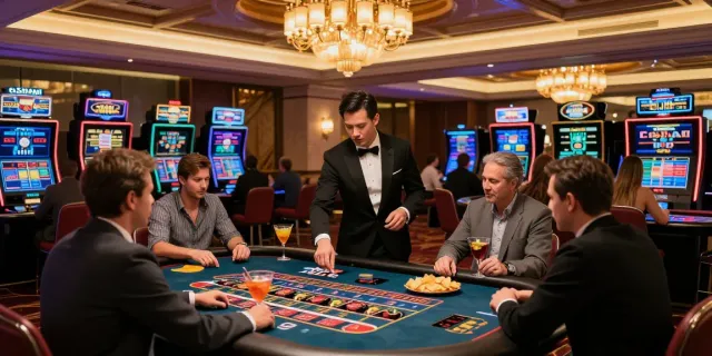 Ambiance captivante d'un casino en ligne avec joueurs, croupier et jeux de table.