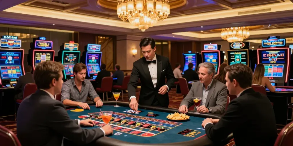 Ambiance captivante d'un casino en ligne avec joueurs, croupier et jeux de table.