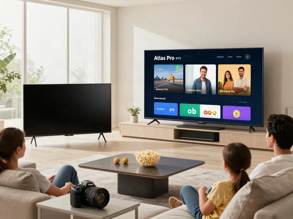 Installation de l'application atlas pro iptv dans un salon moderne avec famille se détendant.