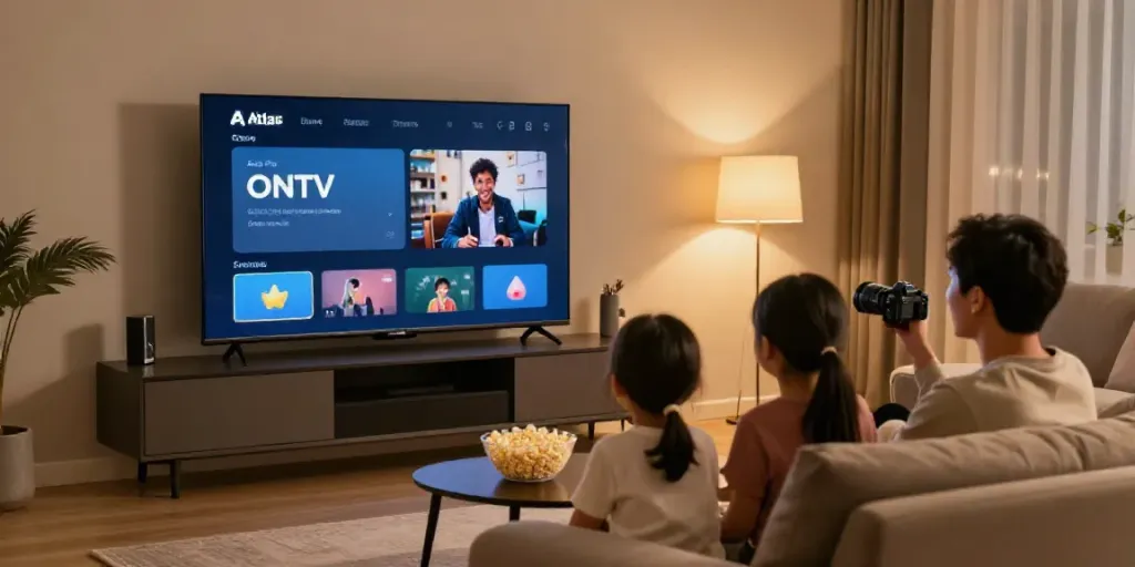 Famille profitant de l'application atlas pro ontv dans un salon moderne.